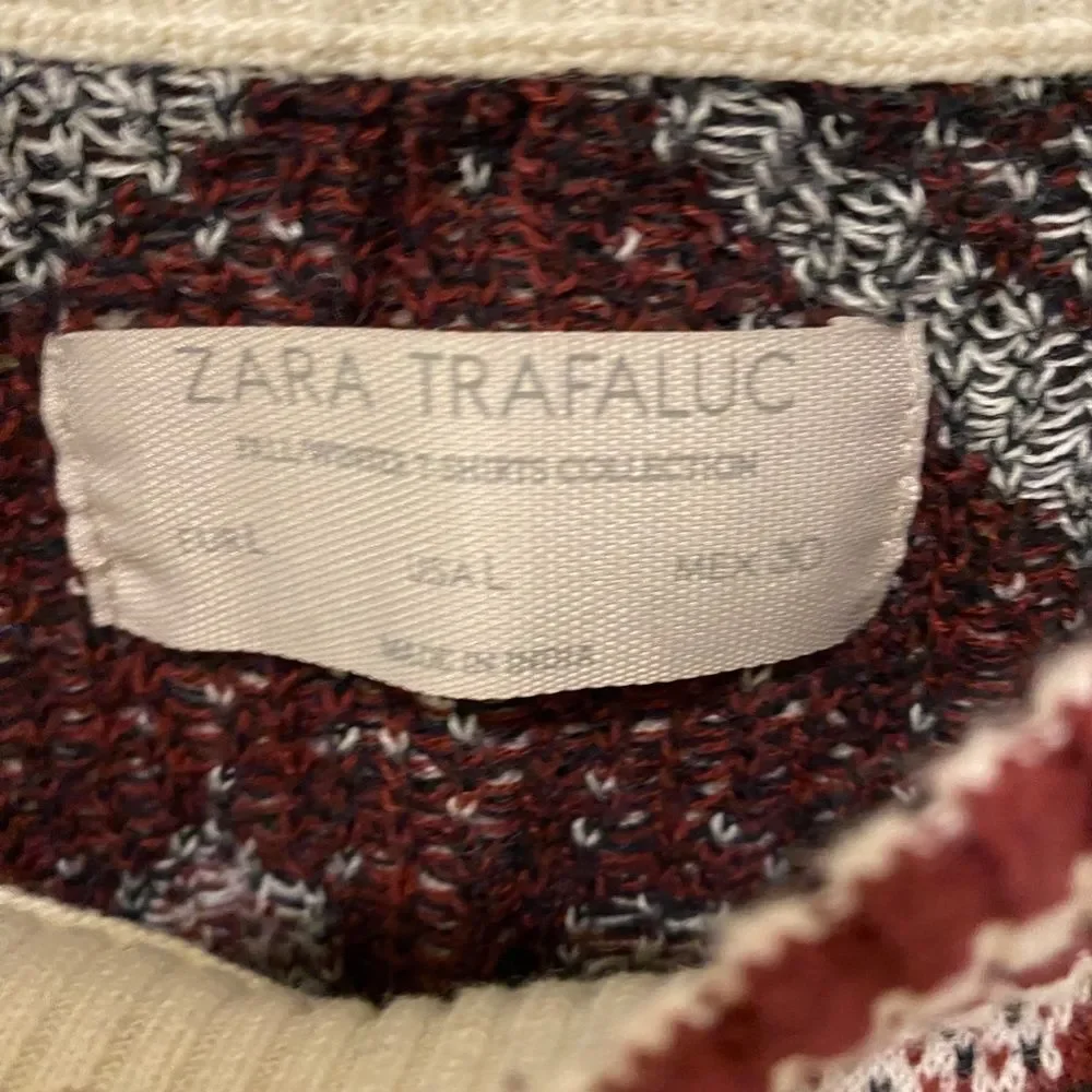 Zara Trafaluc Maroon Cream Aztec Tribal Intarsia Fringe Tassel Sweater Large